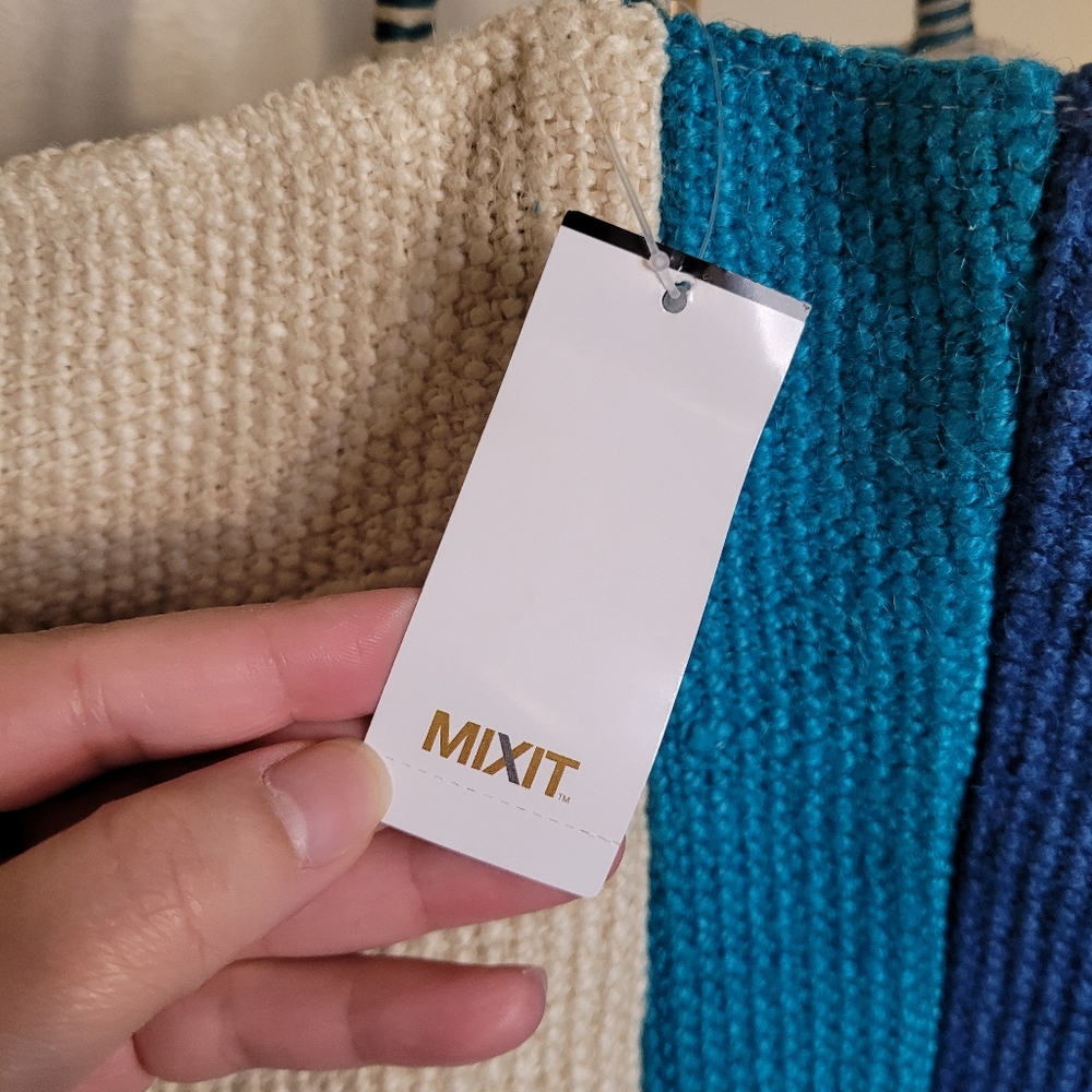 MixIt Multicolor Jute & Cotton Large Tote Bag Blue and Cream Tote Bag - Picture 12 of 15